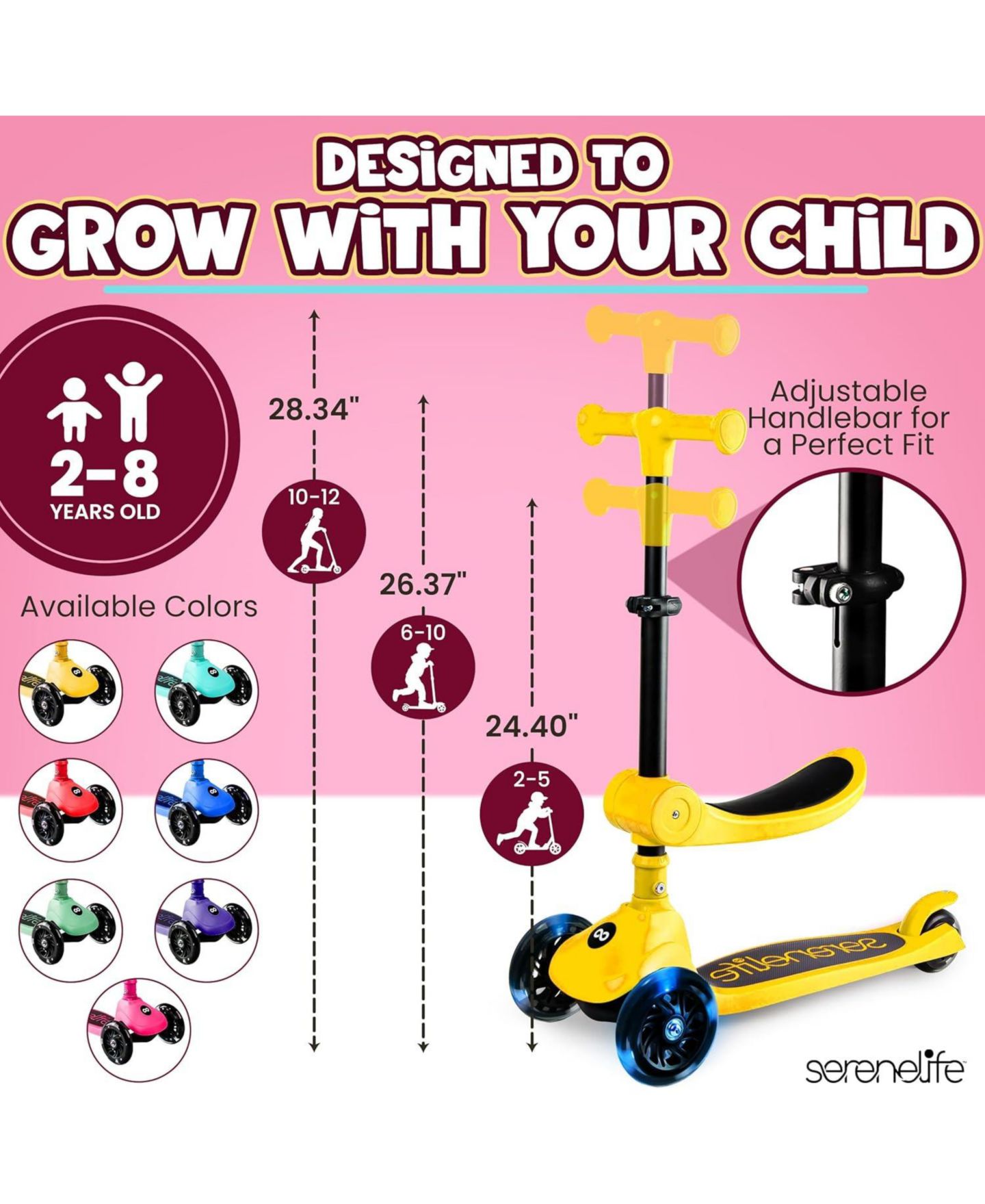 Детская игрушка SereneLife 3-Wheel Foldable Kids Scooter with Built-in LED Wheel Lights and Foldable Seat, 110 lb Weight Capacity, Ages 2+, цвет: Жёлтый — фото 3