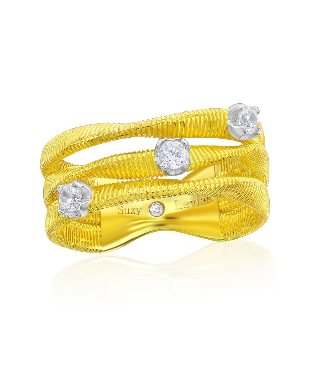 Golden Helix Sterling Silver Cubic Zirconia Coil Three Row Twisted Ring - Golden