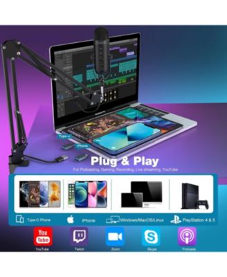 Gaming Microphone Kit, USB Mic w/ Boom Arm, Supercardioid Mic, Mute Button, Echo & Volume Gain Knob, Monitor for Phone Computer (Black)