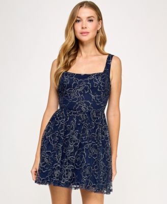 Juniors' Embroidered Mesh Fit & Flare Dress