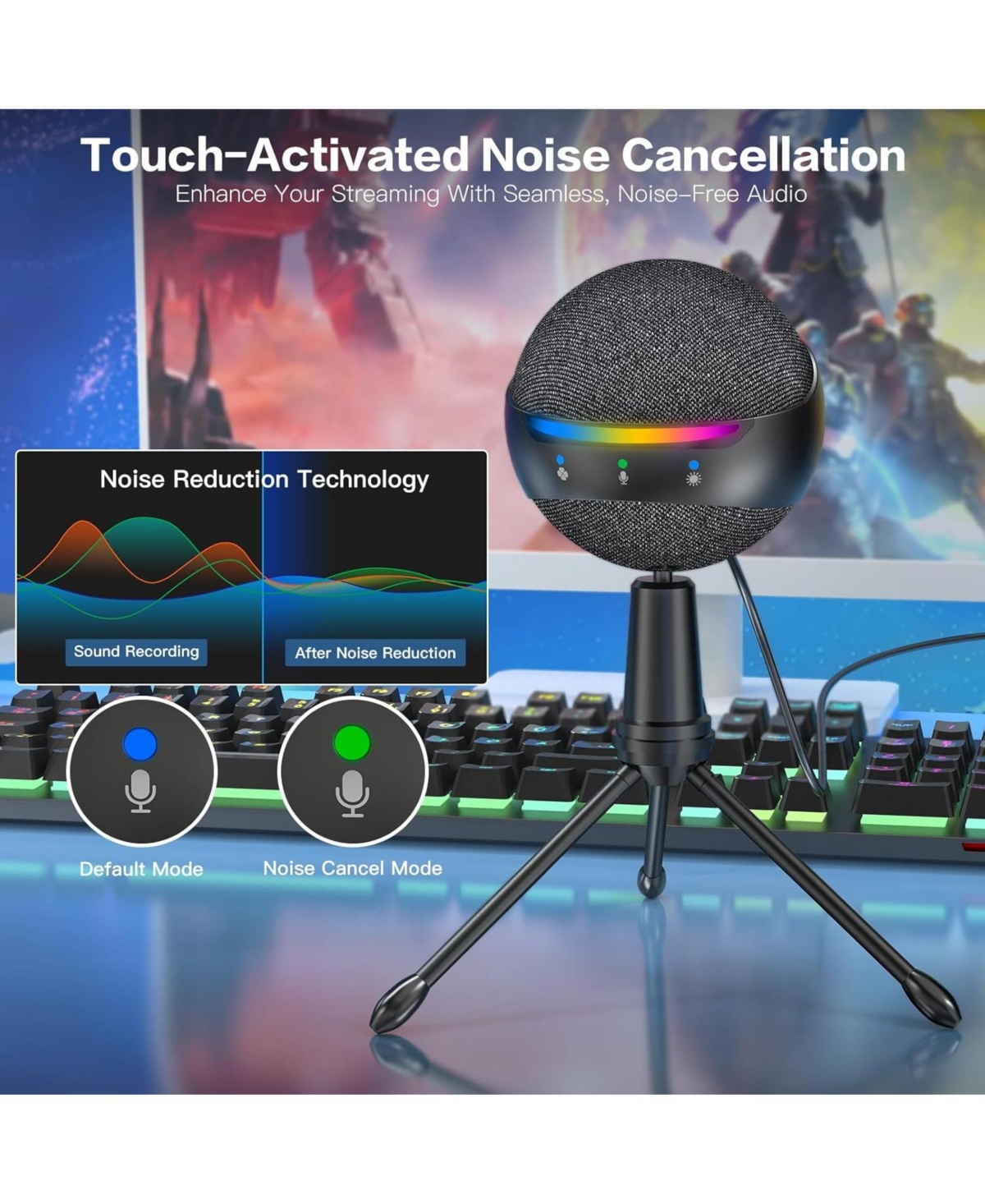 ZealSound Microphone for iPhone,Usb mic for Pc gaming,Phone,Touch Mute,Active Noise Cancel microphones with Echo/Rgb/Volume Gain,Real Time Monitor