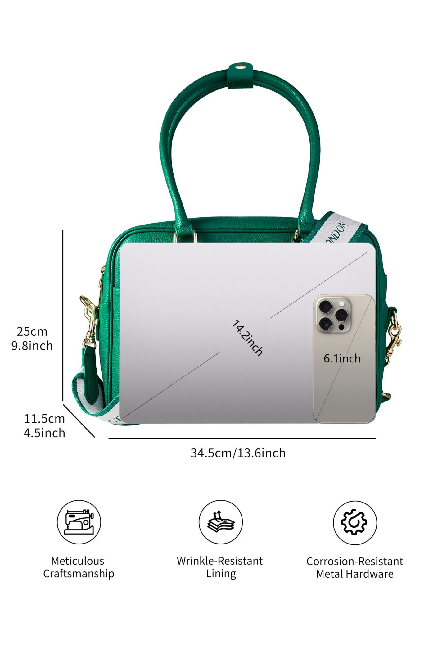 Женская сумка Victoria Hyde London Margaret L Handbag Laptop Pebbled Microfiber Leather Victoria Hyde, цвет: Зелёный — фото 6