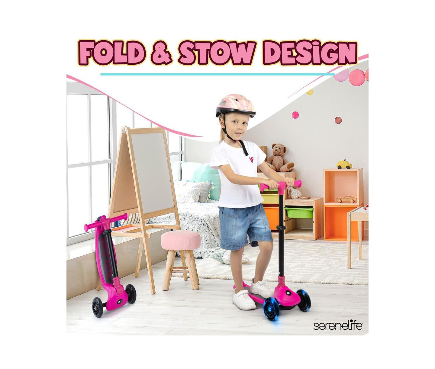 Детская игрушка SereneLife 3-Wheel Foldable Kids Scooter with LED Wheel Lights, Ages 2+, цвет: Розовый — фото 6
