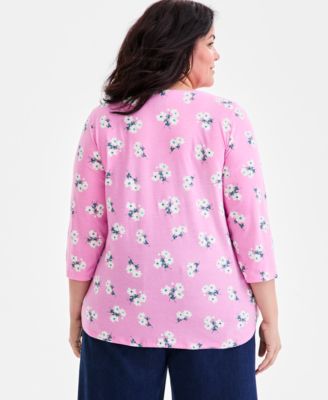 Plus Size Printed V-Neck 3/4-Sleeve Top, Macy's Exclusive