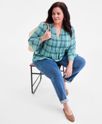 Plus Size Printed Pintucked Top, Macy's Exclusive 