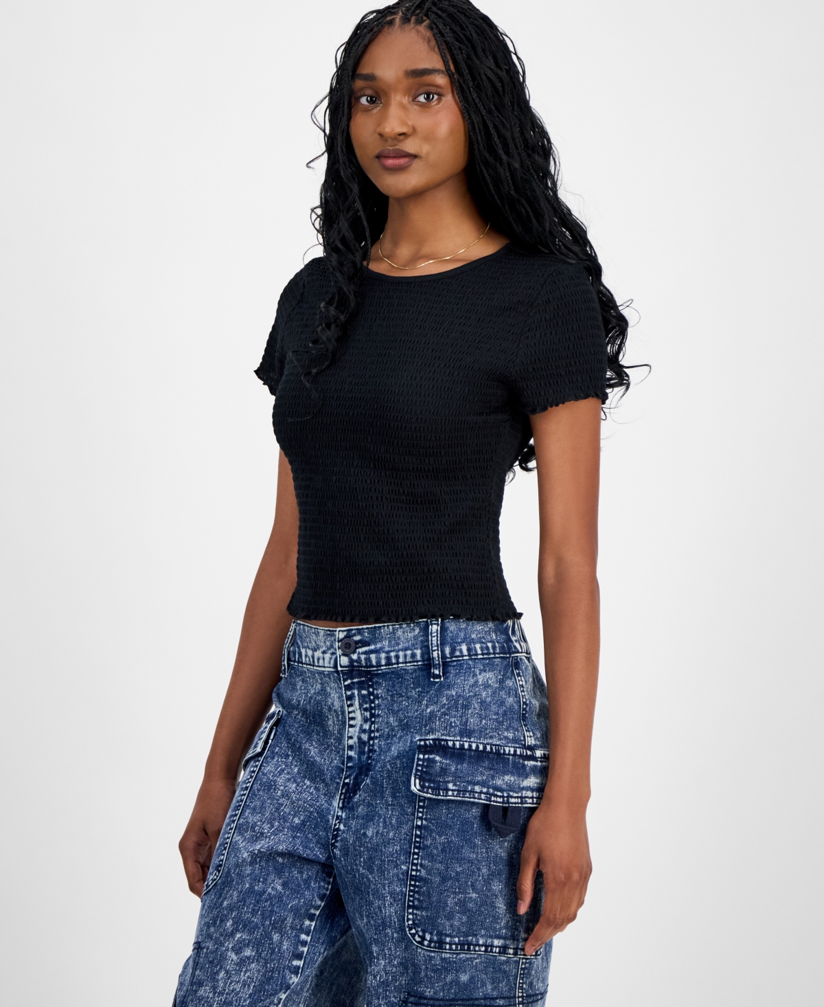 Madden Girl Juniors' All Over Smocked Short-sleeve Top In Black