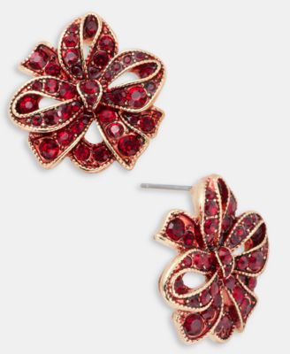 Gold-Tone Red Bow Button Earrings