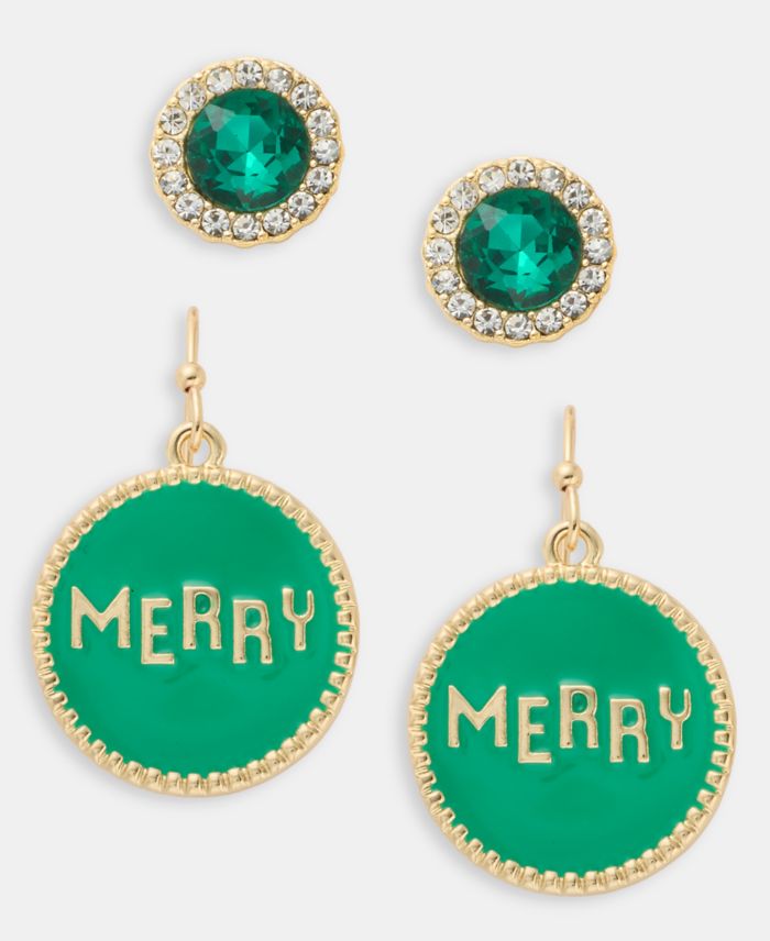 Holiday Lane Gold-Tone 2-Pc. Set Green Merry Stud & Drop Earrings