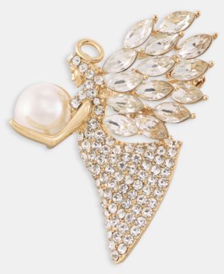 Gold-Tone Crystal Angel Imitation Pearl Pin - Macy's