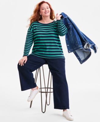 Plus Size Button-Trim Striped Knit Top, Macy's Exclusive