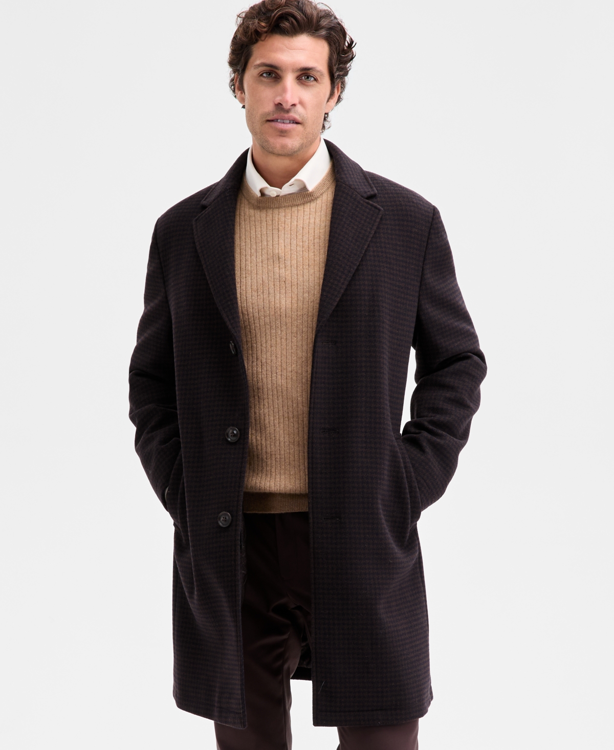 Ted By Ted Baker Men's Classic-fit Brown Navy Houndstooth Check Overcoat In Multi