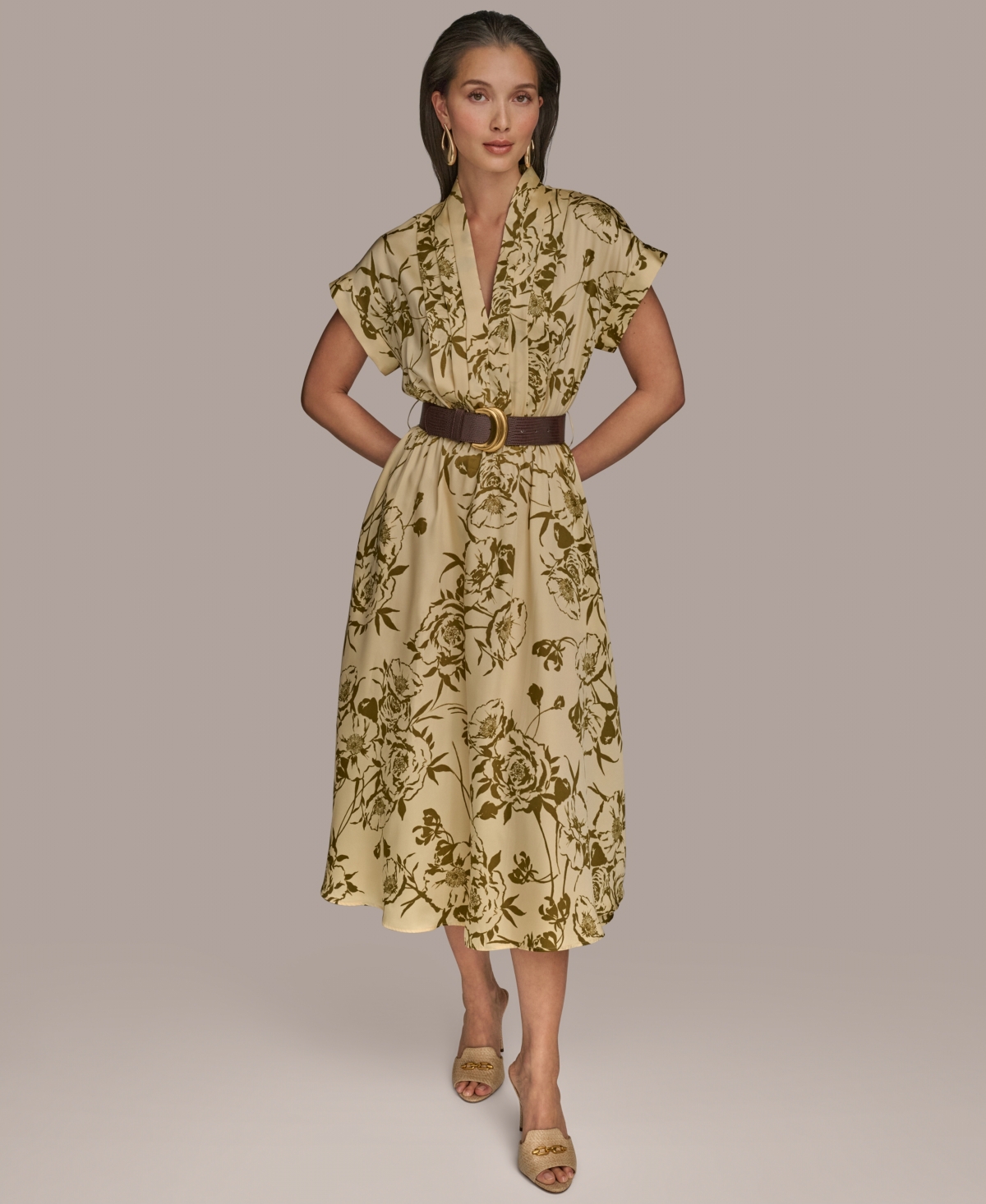 Women's Floral-Print Belted A-Line Midi Dress - Smokey Olive/Beach Sand