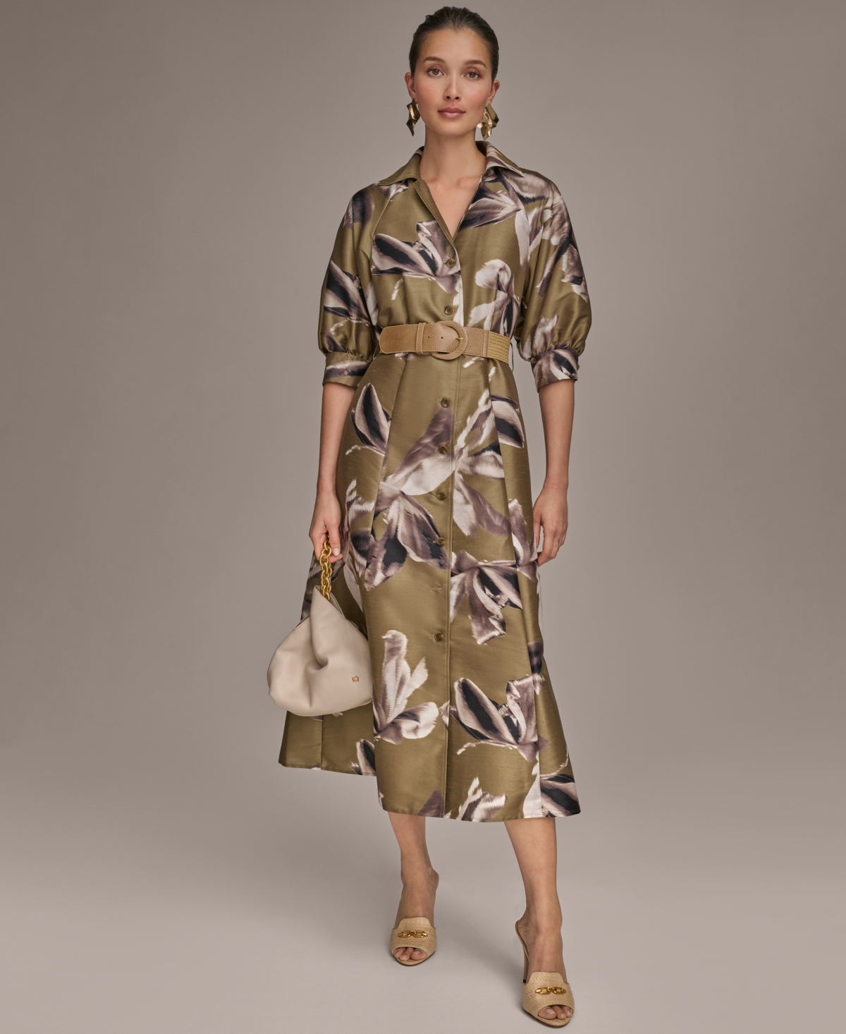 Women's Floral-Print A-Line Shirtdress - Smokey Olive Multi