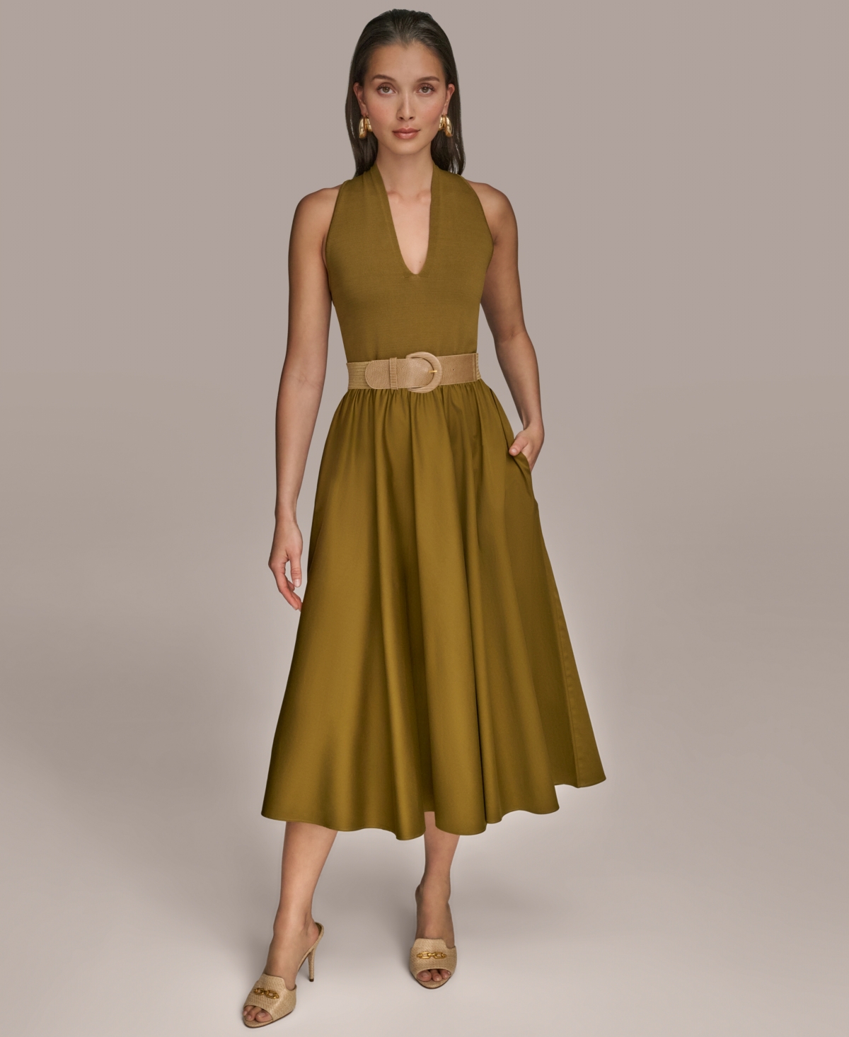 Women's Mixed-Media Belted Halter Dress - Smokey Olive/Smokey Olive