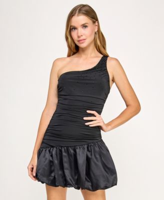 Juniors' One-Shoulder Drop Waist Satin Bubble Skirt
