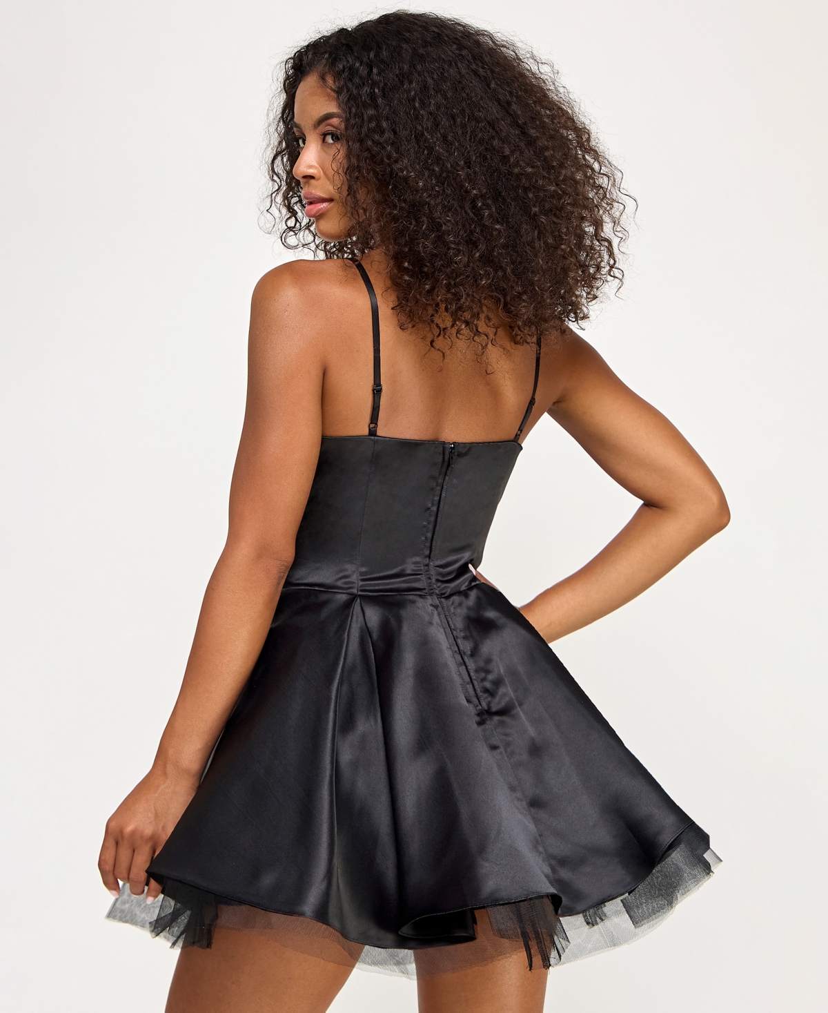 Seni & Cade Juniors' Beaded-bow-trim Satin Fit & Flare Dress In Black