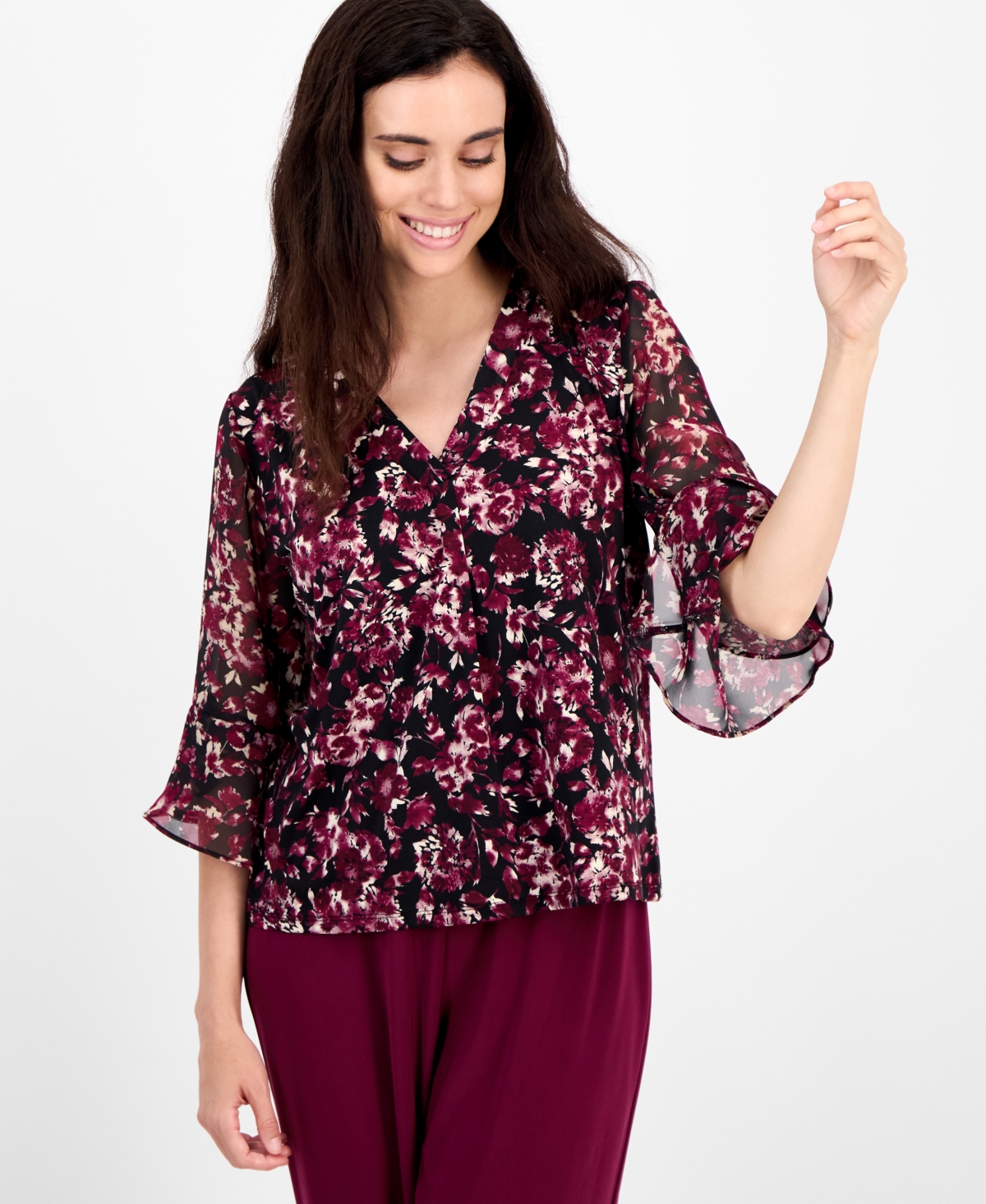 Ak Anne Klein Petite Floral-print Bell-sleeve Blouse