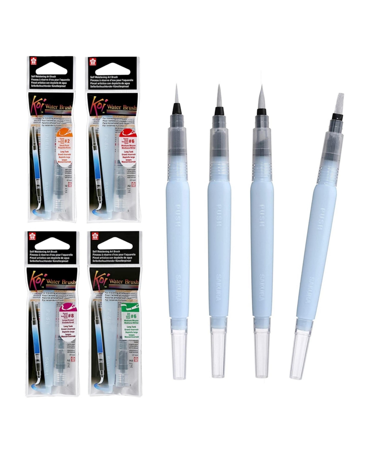 Koi Water Color Brushes, Set of 4 Assorted Brush Tips w/9 ml Tank