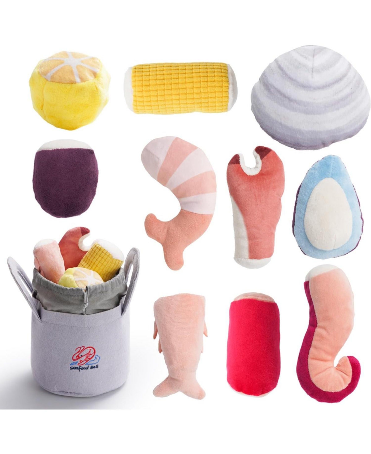 10 Pcs Seafood Boil Dog Toy Set with a Pot,Christmas gift,Squeaky Crinkle Plush Puppy Toy,Interactive Toys,Hide Toys for Small to Medium Dogs