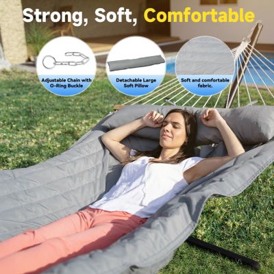 Double Hammock with Stand, 2 Person Cotton Rope Hammock with Removable Polyester Pad, 500LBS Capacity.