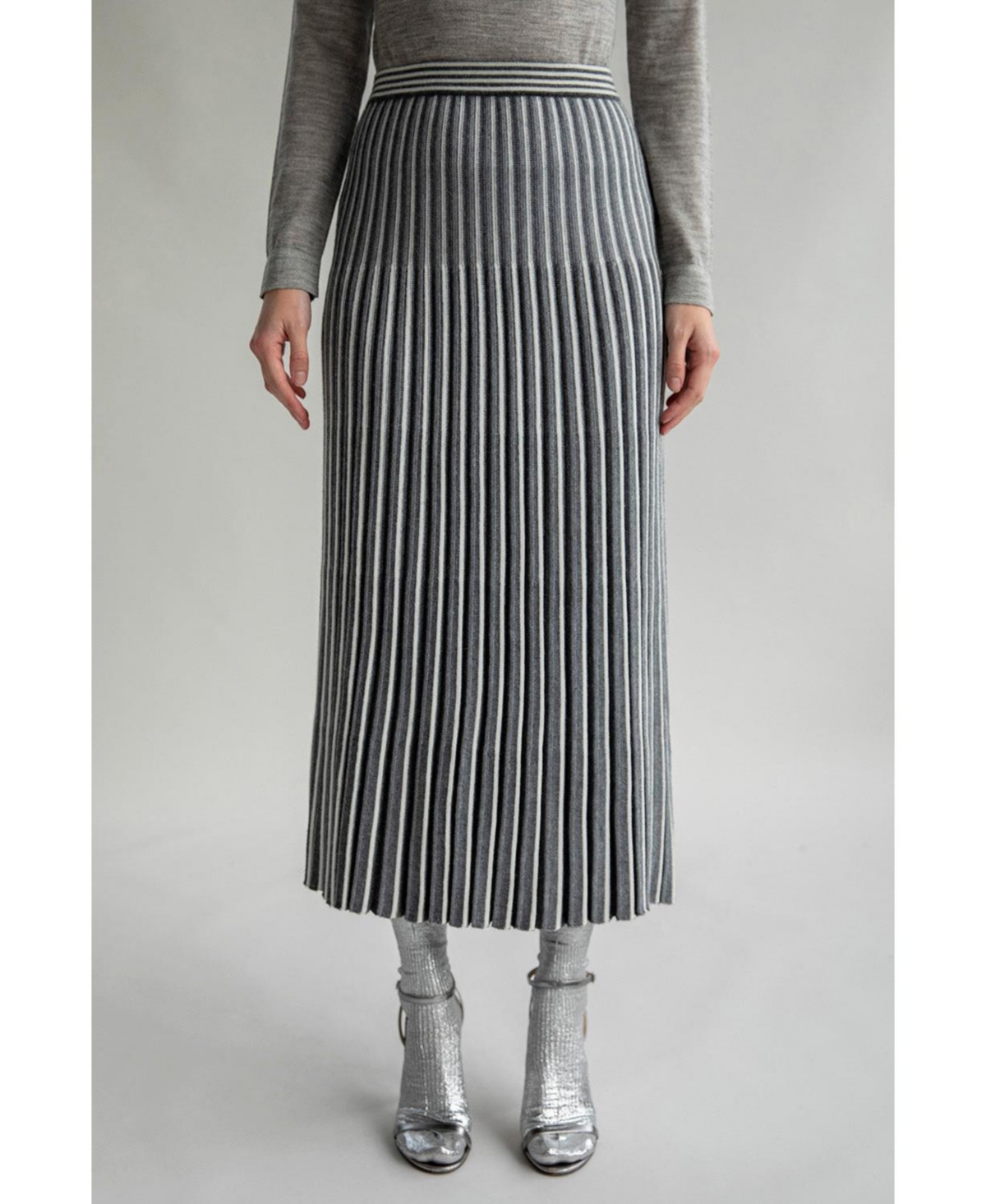 Women's Adeline Stripe Pleated Knit A Line Skirt - Grey ivory