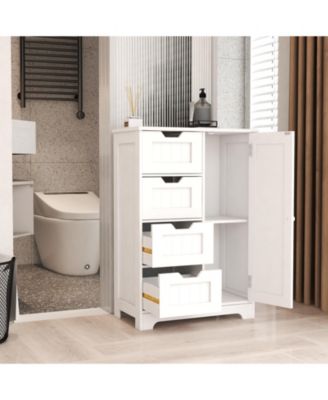 White Floor Storage Cabinet with Adjustable Shelves, 4 Drawers & Door for Bathroom and Living Room Use
