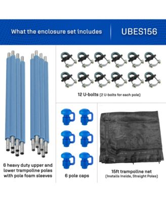 15 FT Trampoline Safety Enclosure Set including  Net, 6 Poles (with 6 pole caps) Trampoline Pole Foam Sleeves, Installs Inside the Frame