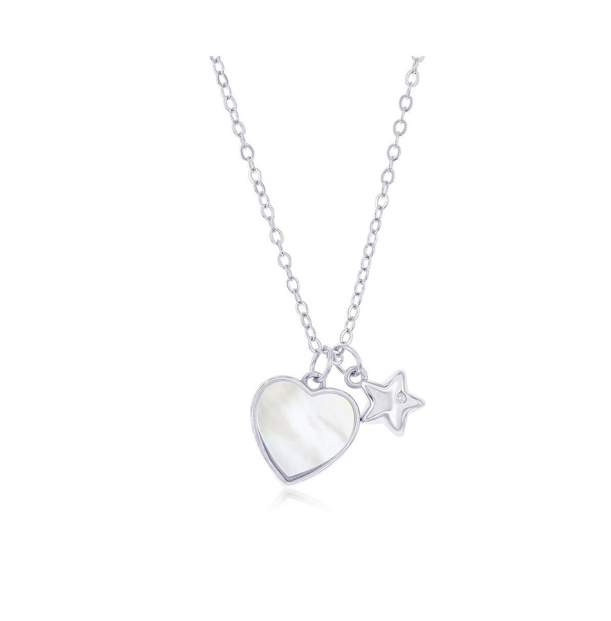 Sterling Silver Mop Heart & Star Cz Necklace - Gold