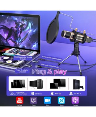 USB & 3.5mm Microphone with Type-C Adapter, Echo Volume, Tripod Stand, Pop Filter for ASMR, Video Recording, Streaming, Discord