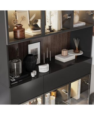 Bookshelf/Pantry with Glass Door and LED Lights for Living Room/Kitchen