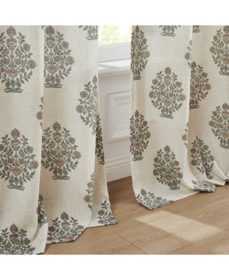 Sofia Flower Block Bouquet Linen Textured Window Curtain Panels Clay/Teal Pair 37x84