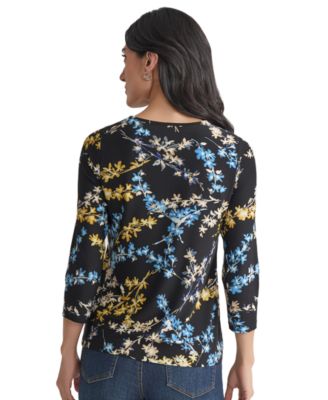 Women's Printed Embellished-Keyhole 3/4-Sleeve Top