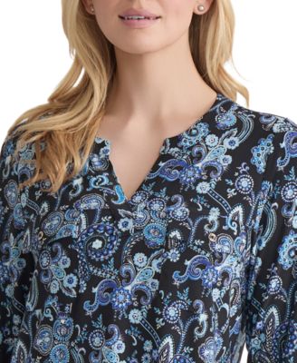 Women's Paisley-Print 3/4-Sleeve Flap-Pocket Knit Top