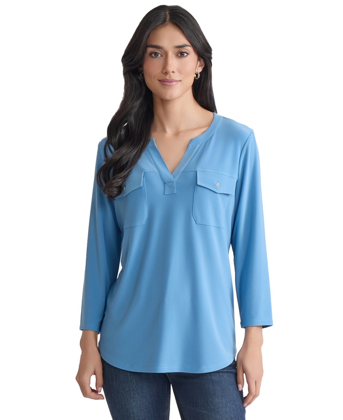 Women's Solid 3/4-Sleeve Flap-Pocket Knit Top - Med Blue