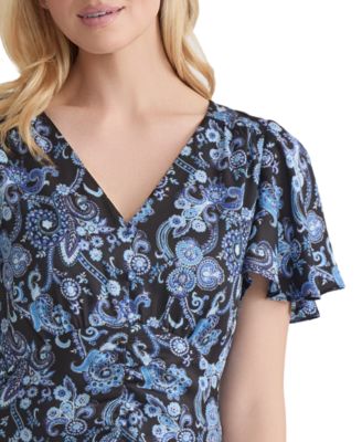 Women's Printed Shirred Flutter-Sleeve Midi Dress