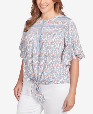 Plus Size Vintage Floral Tie Front Henley Top