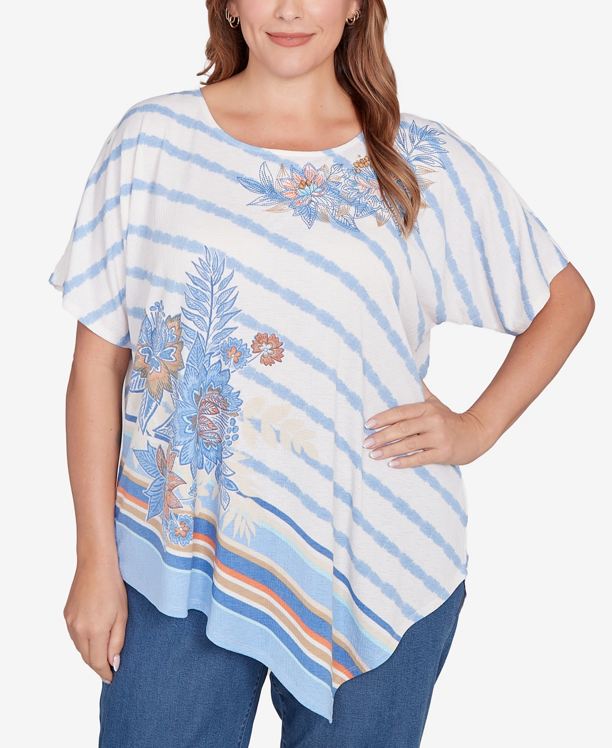Plus Size Embellished Boho Stripe Top - Blue Sky Multi
