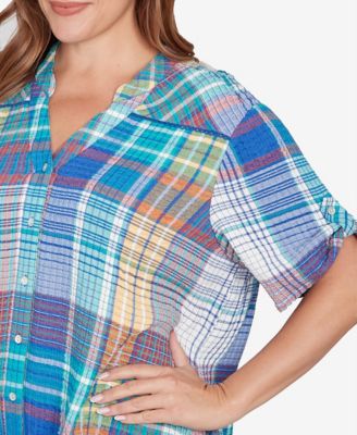 Plus Size Crinkle Knit Plaid Button Down Top