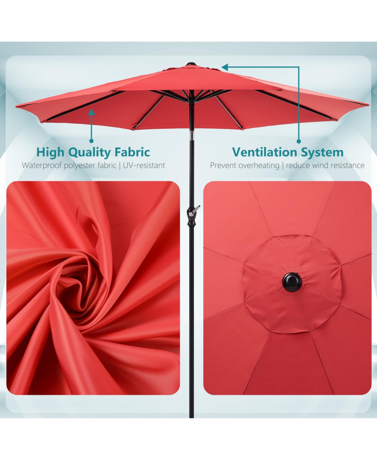 9 foot outdoor patio umbrella with button tilt and crank