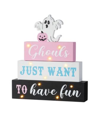 11.75" Halloween Lighted Pink Wooden Ghost Block Word Sign
