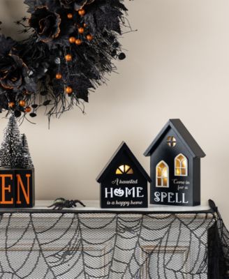 Lighted Halloween Wooden House-shaped Table Decor, Set of 2