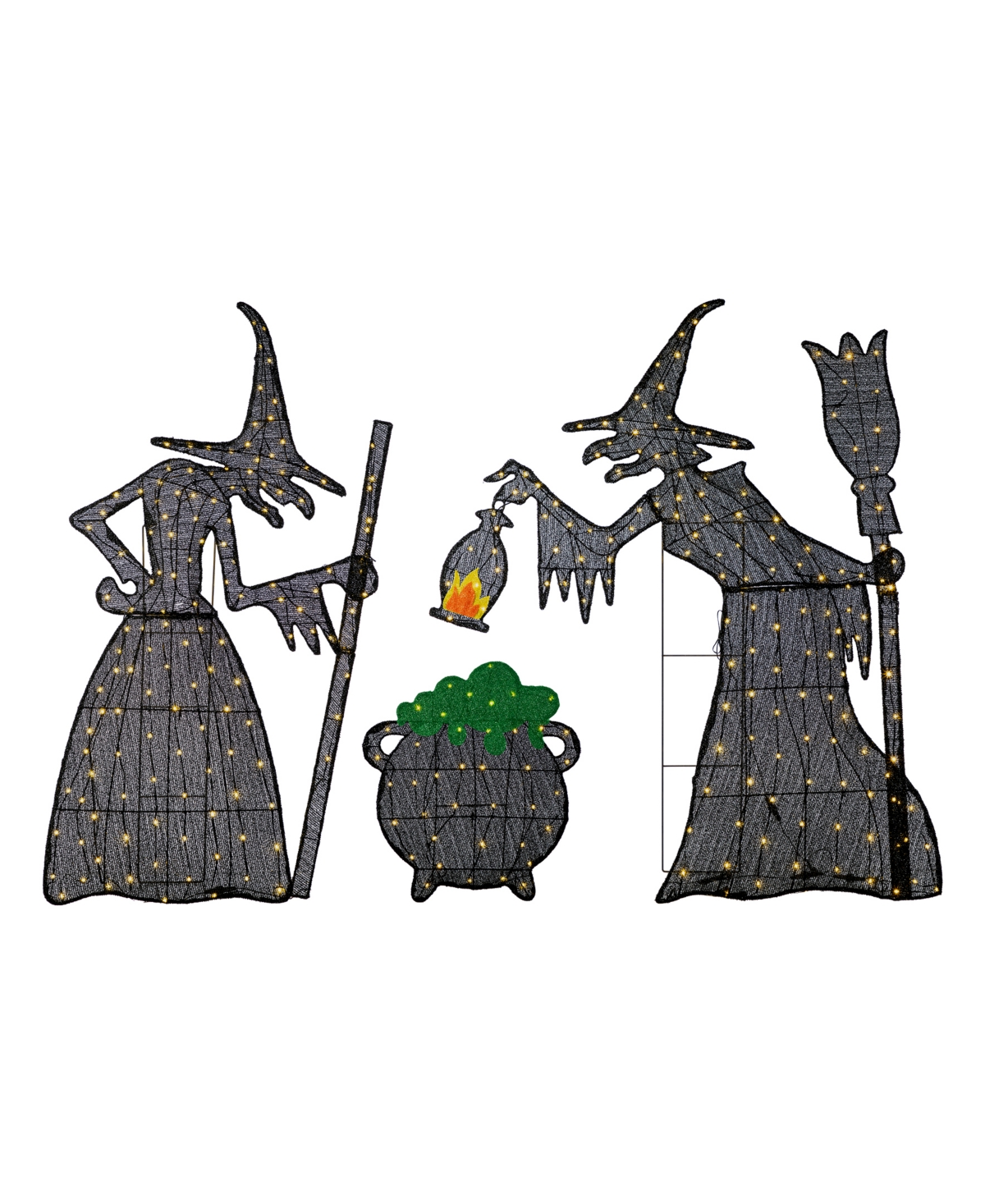Lighted Halloween Witches with Cauldron Outdoor Decor with Warm White Led Lights, Set of 3 - Multi
