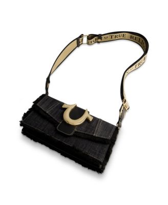 Frayed Denim Flap Bag with Logo Strap