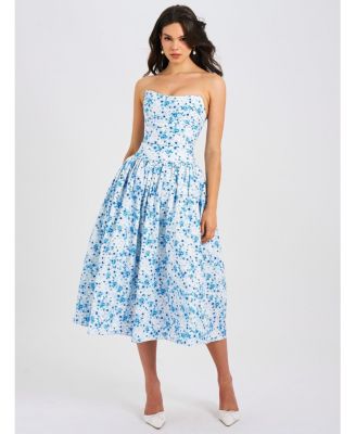 Women's Paloma Blue Print Linen Corset Draping Top Midi Dress