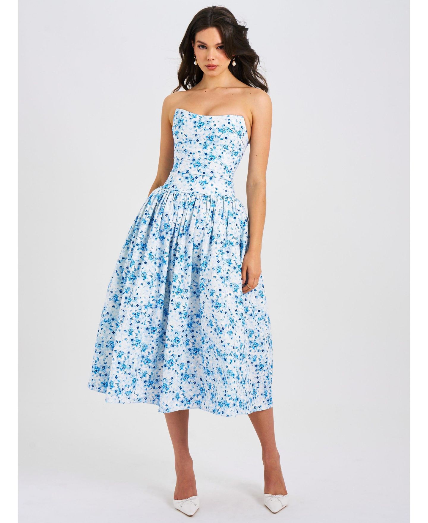 Женское платье Miss Circle Paloma Blue Print Linen Corset Draping Top Midi, цвет: Синий с принтом — фото 4