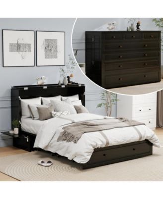 Black queen Murphy bed with 2 drawers, 2 shelves, 2 USB ports, and 2 charging ports. Ideal for guest rooms and home offices