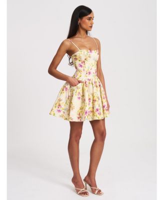 Women's Valda Yellow and Pink Print Linen Mini Dress with Pockets