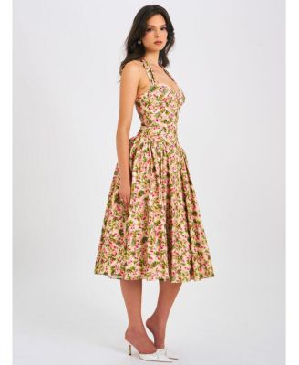 Women Niya Floral Print Linen Halter Corset Maxi Dress