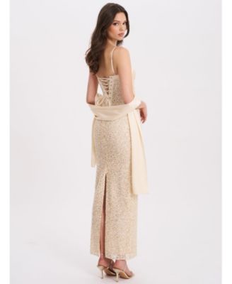 Women's Raizel Gold Beaded Sequin Bodycon Gown with Scarf