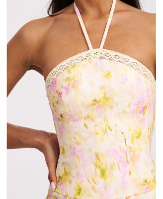 Women's Zaina Yellow Pink Floral Print Lace Trim Linen Midi Dress